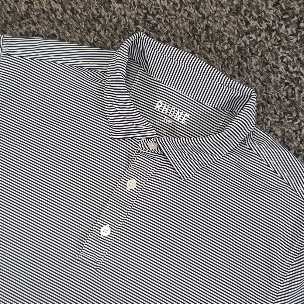 Rhone Mens Large Polo Black Striped Golf Performance Athleisure Shirt